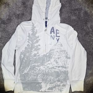 White Graphic American Eagle Vintage Fit Zip Up Hooded Sweatshirt